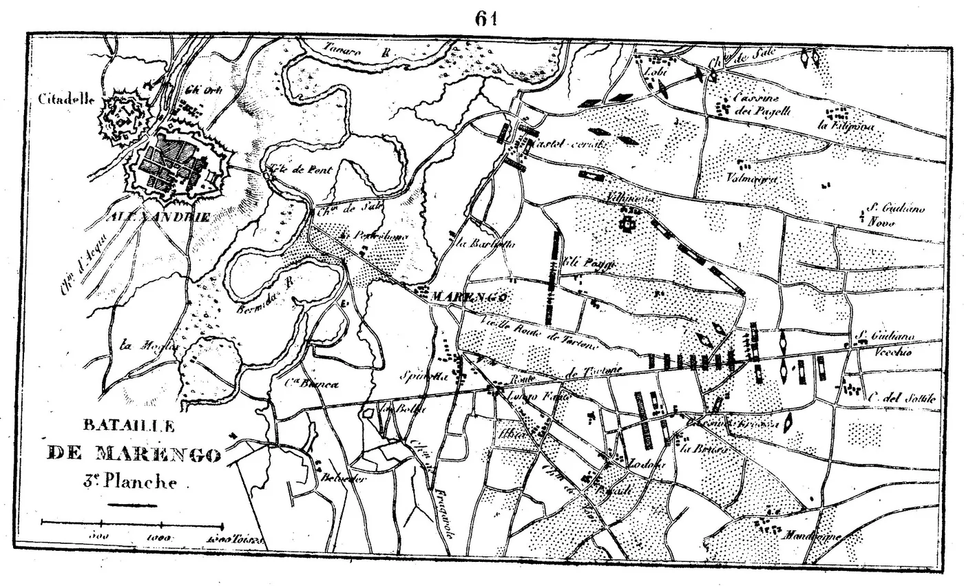 Engraved black-and-white map showing Alessandria, the Bormida, the village of Marengo and the rectangles of both armies' units