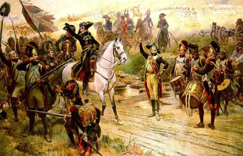 Illustration: Bonaparte on horseback, hat raised, announces the arrival of reinforcements to infantrymen and drummers