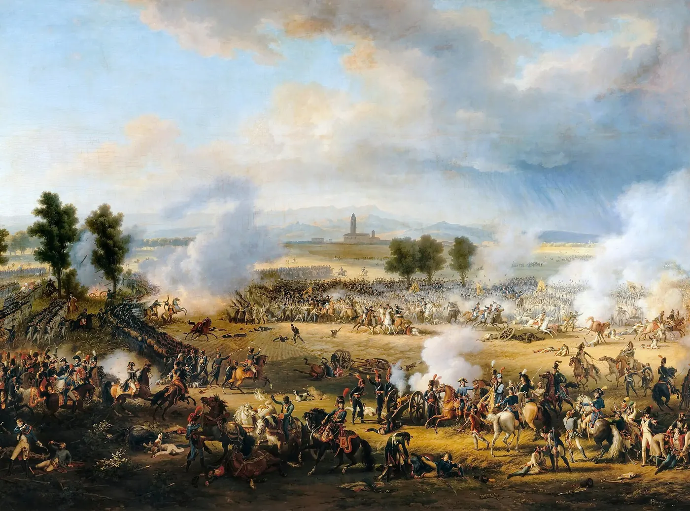 Panoramic painting: in a smoke-filled plain, infantry columns and horsemen fight, with wounded men in the foreground and a bell tower on the horizon