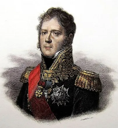 Waist-up portrait of Marshal Michel Ney in ceremonial uniform — gold embroidery, epaulettes, red sash of the Legion of Honour, star and cross; colour engraving (Gautier sc.), imperial-era circulation