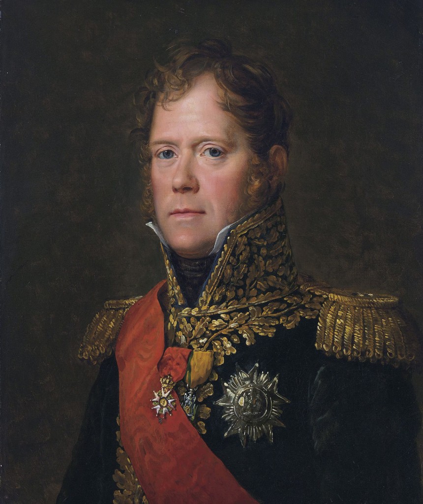 Portrait en buste de Michel Ney (1769-1815), maréchal d'Empire, duc d'Elchingen et prince de la Moskova — uniforme bleu sombre brodé feuilles de chêne et épaulettes d'or, grand cordon rouge de la Légion d'honneur, plaque et croix ; huile sur toile, époque impériale