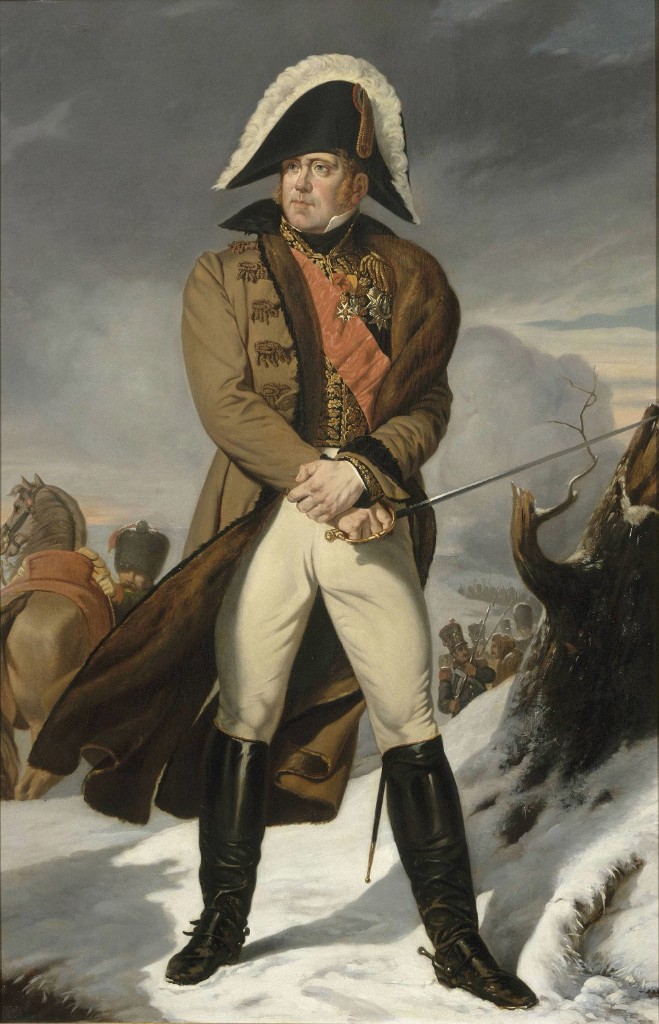 Full-length portrait of Marshal Michel Ney during the retreat from Russia (1812) — fur-lined coat, plumed bicorne, sash, sabre, snow and troops in the background; painting by Adolphe Yvon
