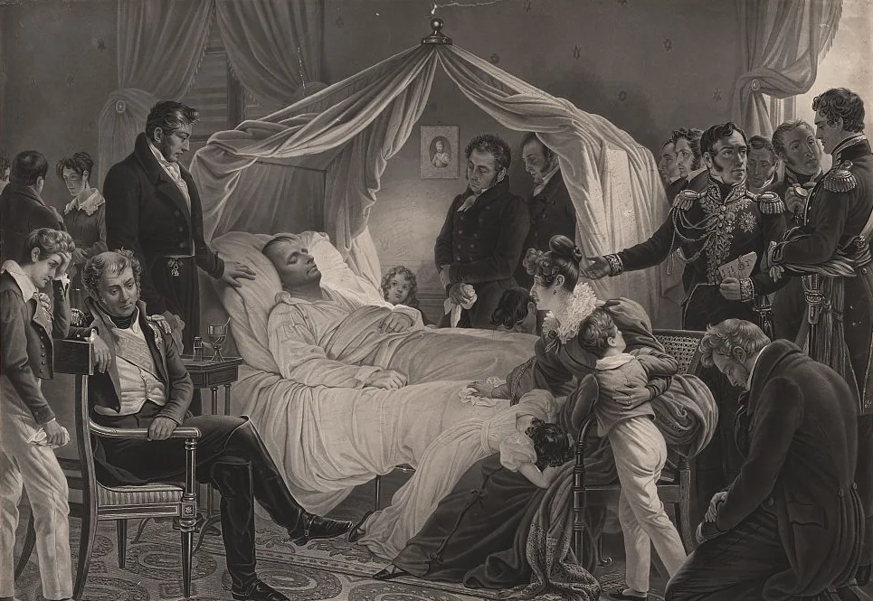 Homme étendu sur un lit de camp sous un dais, entouré d'une vingtaine de personnes en deuil, officiers, femmes et enfants agenouillés