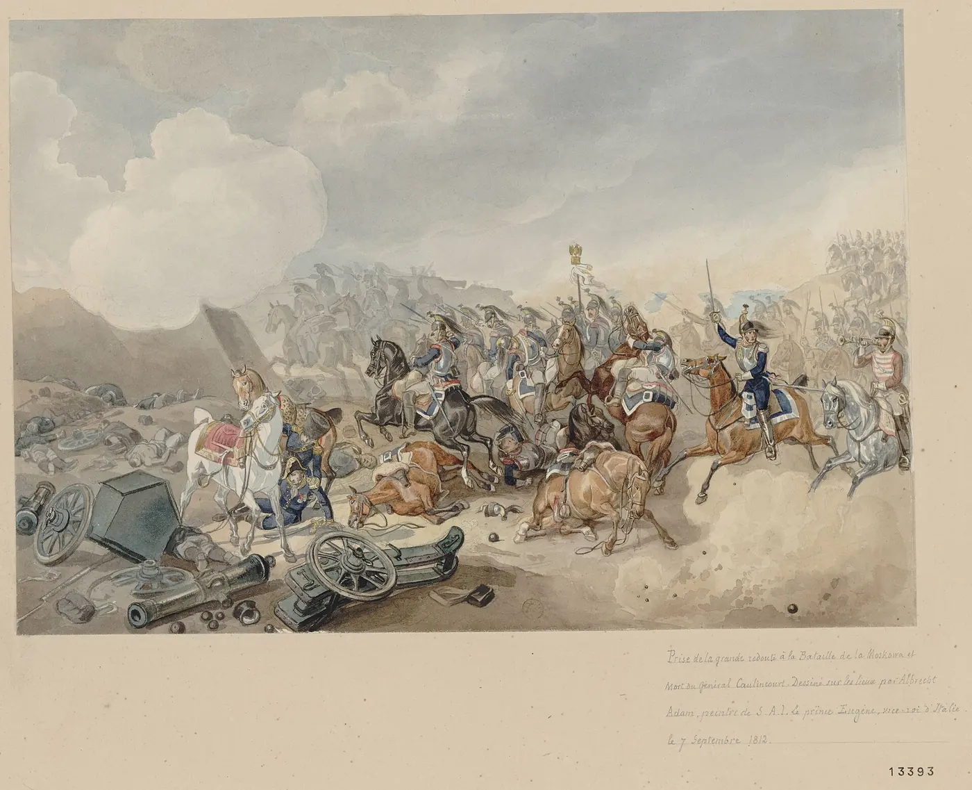 Dessin aquarellé : des cuirassiers français franchissent le parapet d'une redoute au milieu des canons renversés et des morts