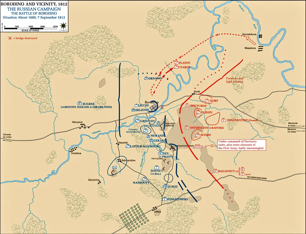 Carte des positions vers 16 heures à Borodino : les Français tiennent les flèches, Semionovskoïe et la grande redoute ; la ligne russe s'est reformée plus à l'est