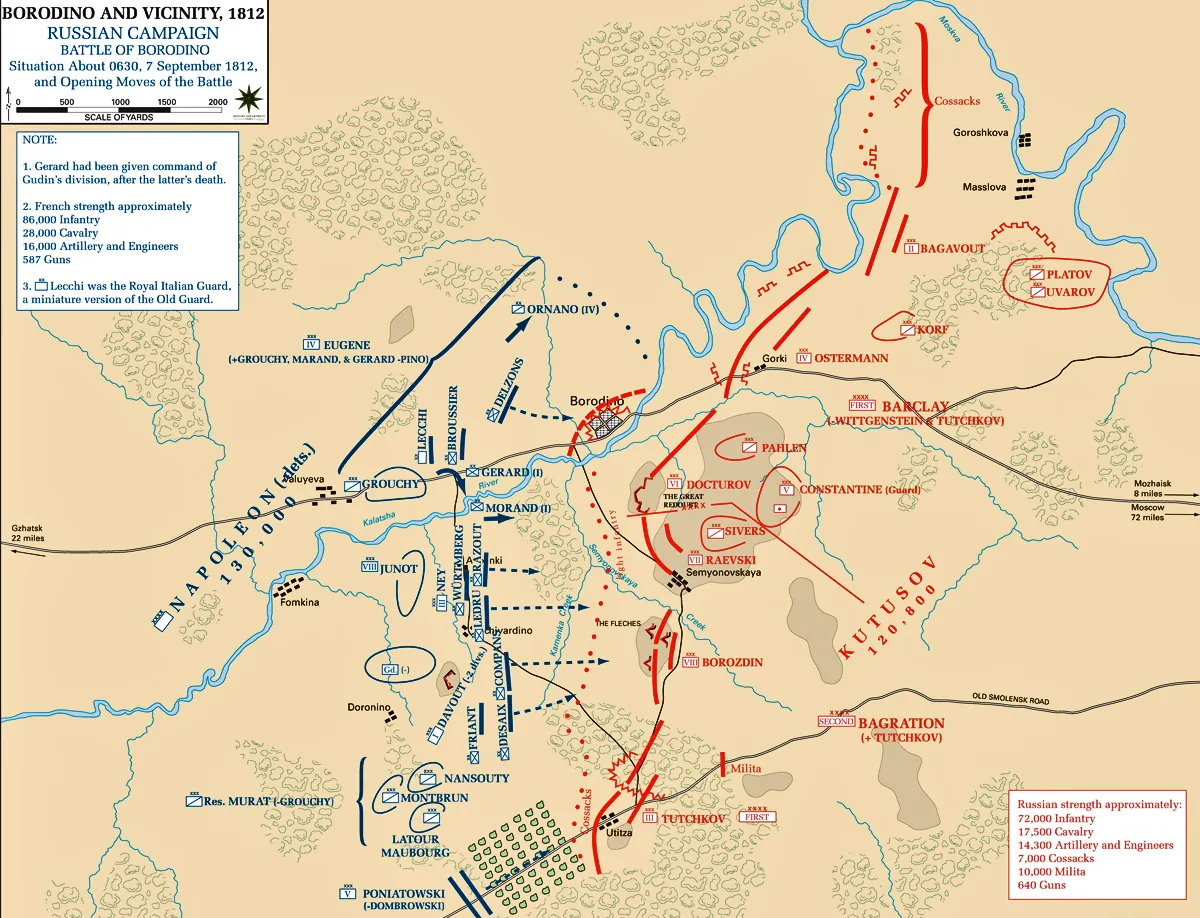 Carte des positions des armées française et russe à Borodino vers 6 h 30 le 7 septembre 1812, avec la Kolotcha, la grande redoute, les flèches, Semionovskoïe et Outitsa