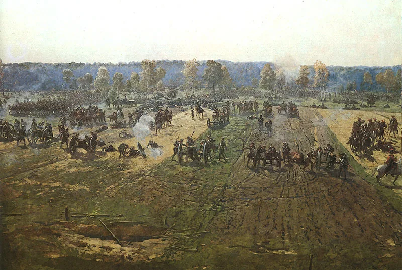 Détail d'une peinture panoramique : des fantassins et des cavaliers se battent au milieu des morts sur un terrain labouré par les boulets