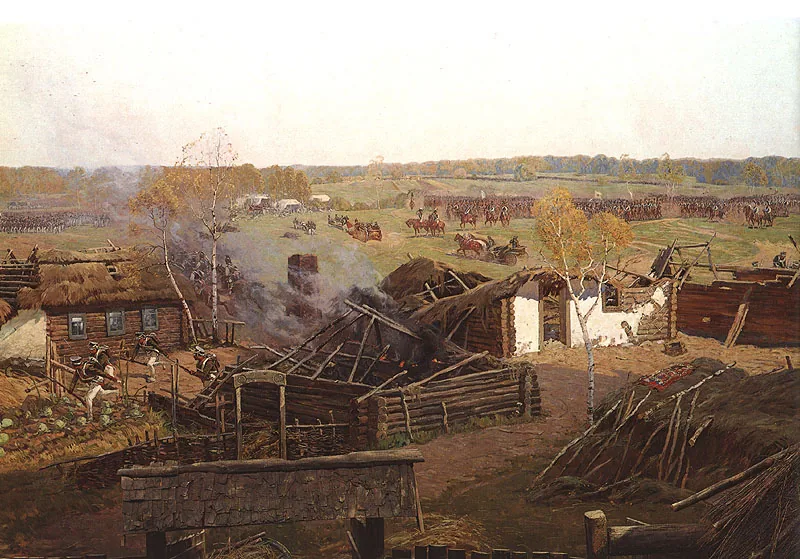 Détail d'une peinture panoramique montrant des maisons de bois en ruines au premier plan et, au loin, des troupes sur le champ de bataille