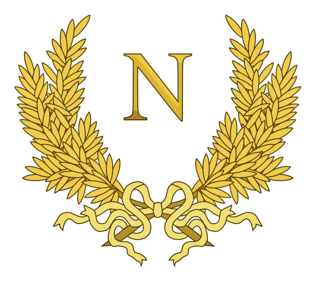 Kaiserliches N von Napoleon I. — vergoldetes gekröntes Monogramm mit Lorbeerkranz, Sinnbild des Ersten Französischen Kaiserreichs