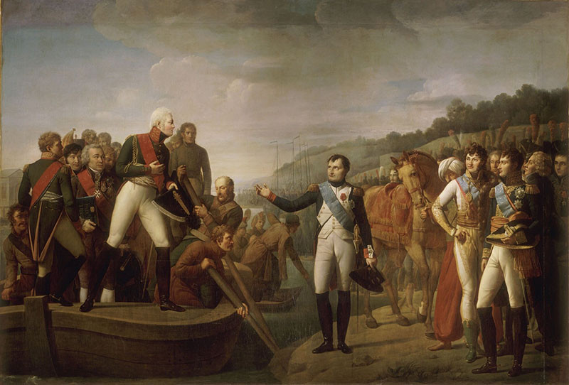 Incontro tra Napoleone I e lo zar Alessandro I a Tilsit sul Niémen — dipinto di Gioacchino Serangeli (verso il 1810, Versailles): trattati di Tilsit 1807, contesto diplomatico in cui Hugues-Bernard Maret preparava dispacci e bollettini