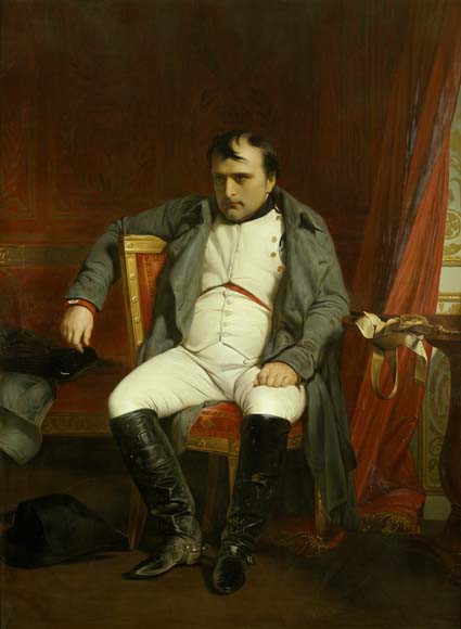 Fontainebleau, 31 March 1814 — Paul Delaroche: overwhelmed Napoleon, white uniform, hat on ground; Caulaincourt at negotiations