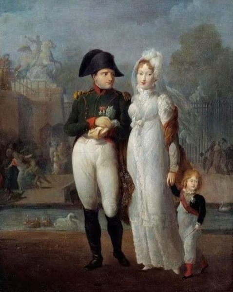 Napoleone I, Maria Luisa d'Austria imperatrice dei francesi e il giovane re di Roma, ritratto di famiglia a figura intera in un parco palaziale, vasca dei cigni, Napoleone in uniforme verde dei cacciatori a cavallo della Guardia imperiale, bicorno e stivali — olio neoclassico, Primo Impero