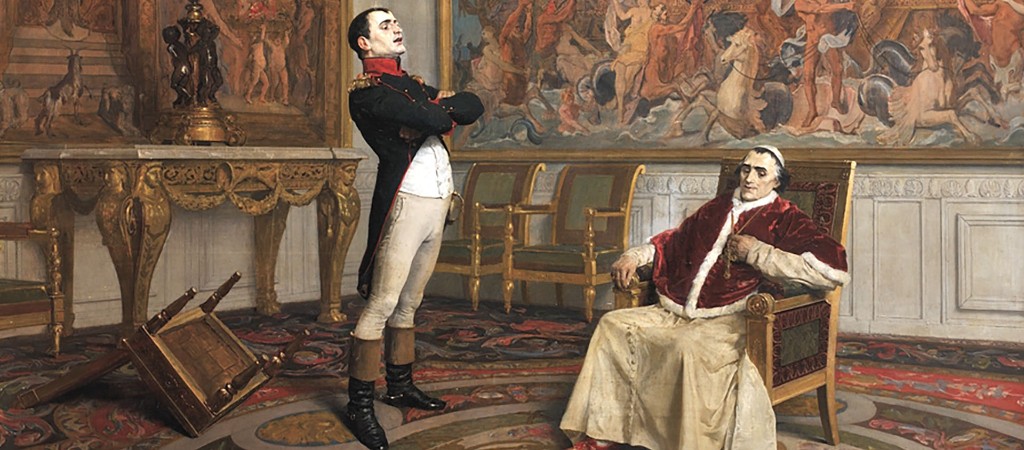Napoleon I and Pope Pius VII at the Palace of Fontainebleau — historical painting: confrontation between the standing Emperor and the seated pontiff, tensions between the French Empire and the Papacy, prelude to the Pope’s captivity