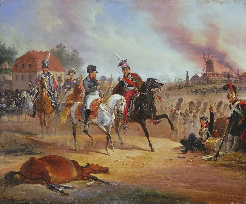 Schlacht bei Leipzig, Oktober 1813 — January Suchodolski: Napoleon und Poniatowski zu Pferd, brennendes Dorf; Marschall am 16., Elster