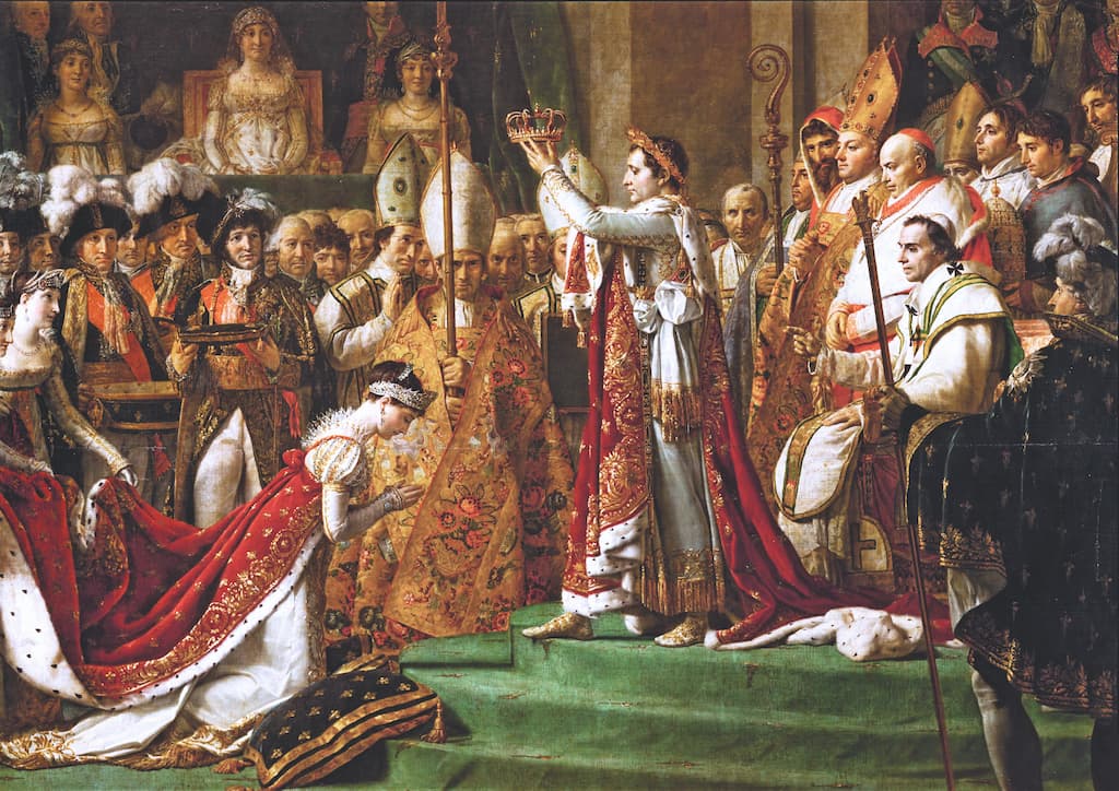 Detail from The Coronation of Napoleon by Jacques-Louis David: Napoleon I crowning Joséphine de Beauharnais at Notre-Dame de Paris, Pope Pius VII seated on the papal throne in the background, ceremony of 2 December 1804