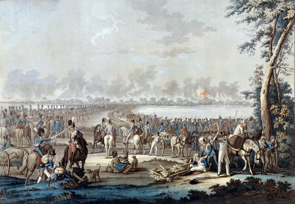 Crossing of the Danube before Wagram, July 1809 — lithograph: pontoon bridge, French columns, distant smoke; 2nd Corps, Oudinot, Fifth Coalition