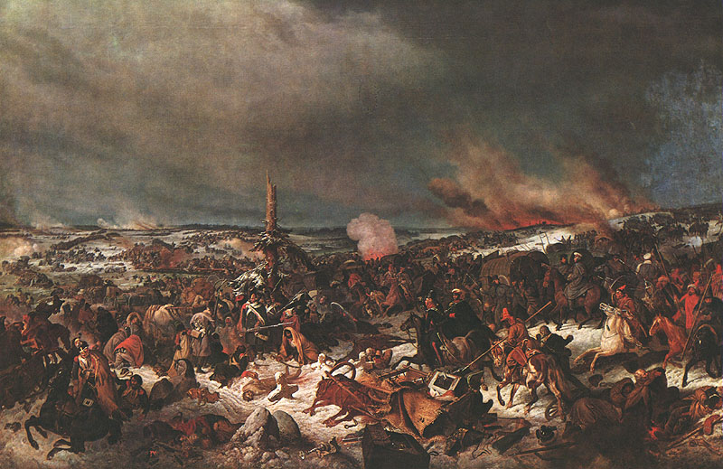 Attraversamento della Beresina, novembre 1812 — dipinto di Peter von Hess: ponti di fortuna, folla e truppe sul ghiaccio; ritirata di Russia, Giovane Guardia, Mortier, Ney