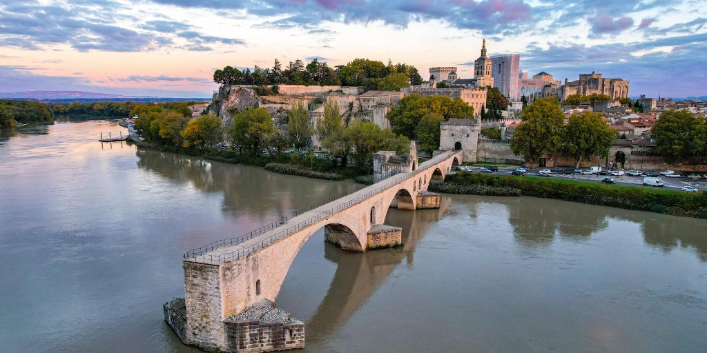 Pont d'Avignon and Palais des Papes — aerial view at sunset, Rhône; city where Marshal Brune was murdered in 1815