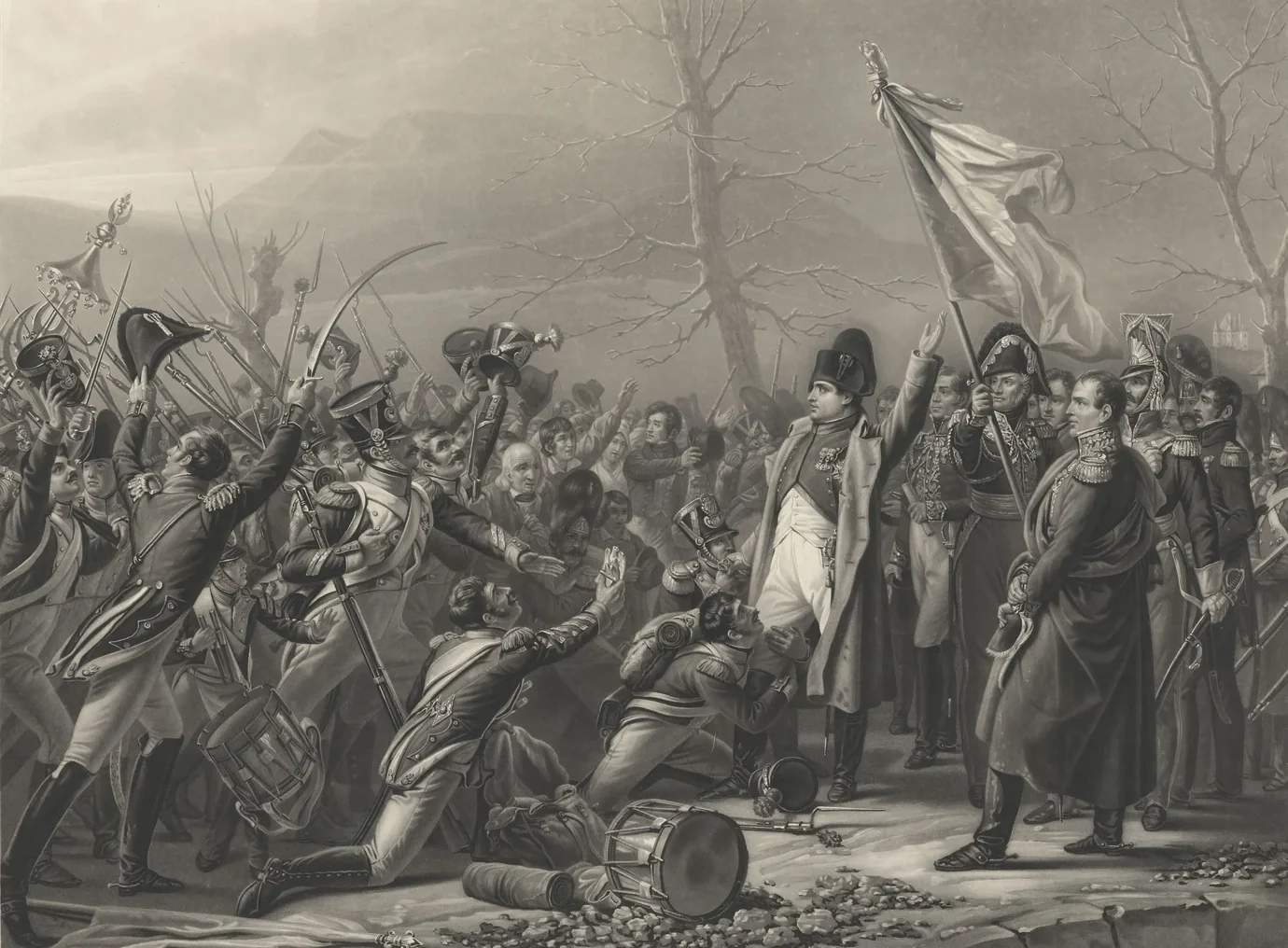 Des soldats jettent leurs armes et se précipitent à genoux devant un homme en redingote et bicorne, un drapeau tricolore déployé derrière lui