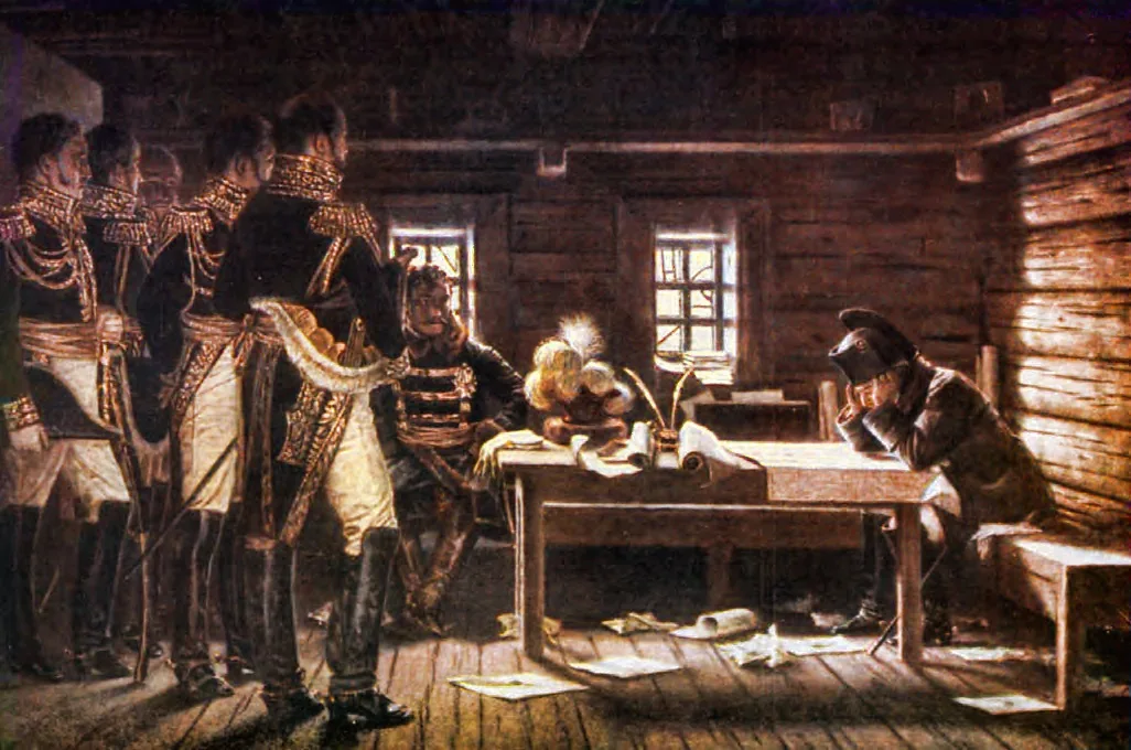 Dans une isba au mur de rondins, Napoléon, assis à une table couverte de cartes, la tête dans la main, tourne le dos à ses maréchaux debout près de la fenêtre