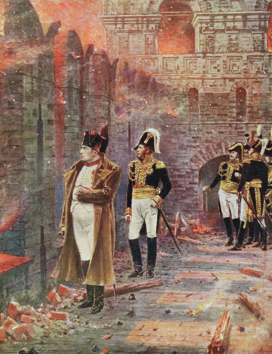 Napoléon en redingote grise, les bras croisés, devant une muraille rouge du Kremlin en flammes, entouré d'officiers en grand uniforme ; des briques éboulées jonchent le sol