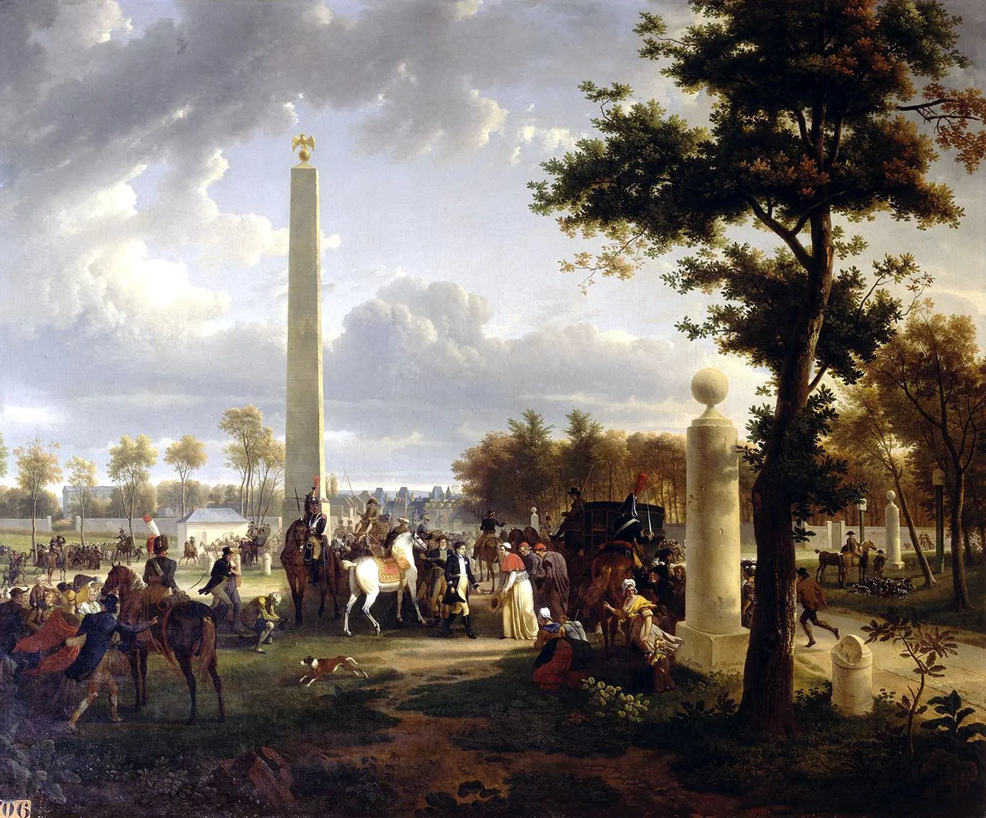 Dans une clairière de forêt, Napoléon, descendu de son cheval blanc, s'avance vers le pape vêtu de blanc qui sort de sa voiture ; autour d'eux, des cavaliers, des chasseurs, des soldats et des courtisans, avec un obélisque au fond