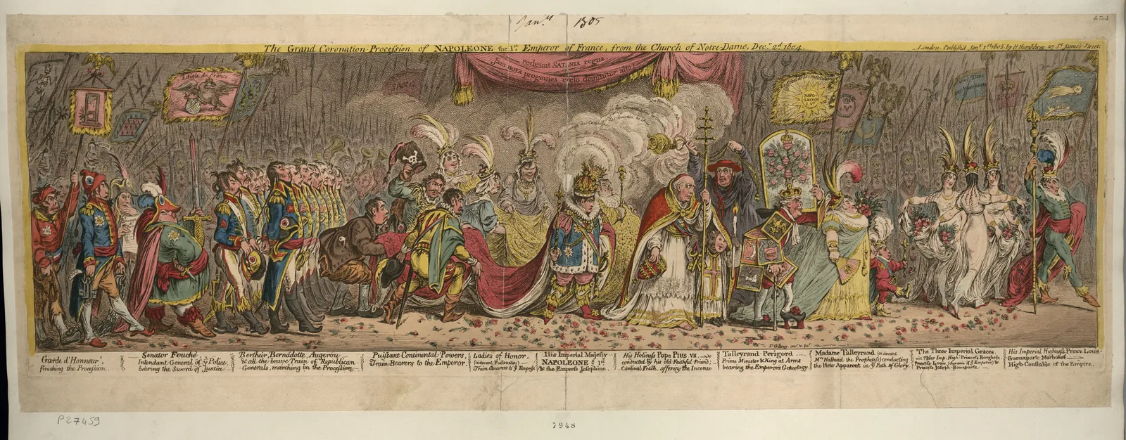 Longue caricature coloriée en frise : un cortège de personnages grotesques défile sous des drapeaux ; au centre, Napoléon et Joséphine couronnés, précédés du pape, de Talleyrand et de trois princesses en robes légères, suivis de souverains qui portent la traîne