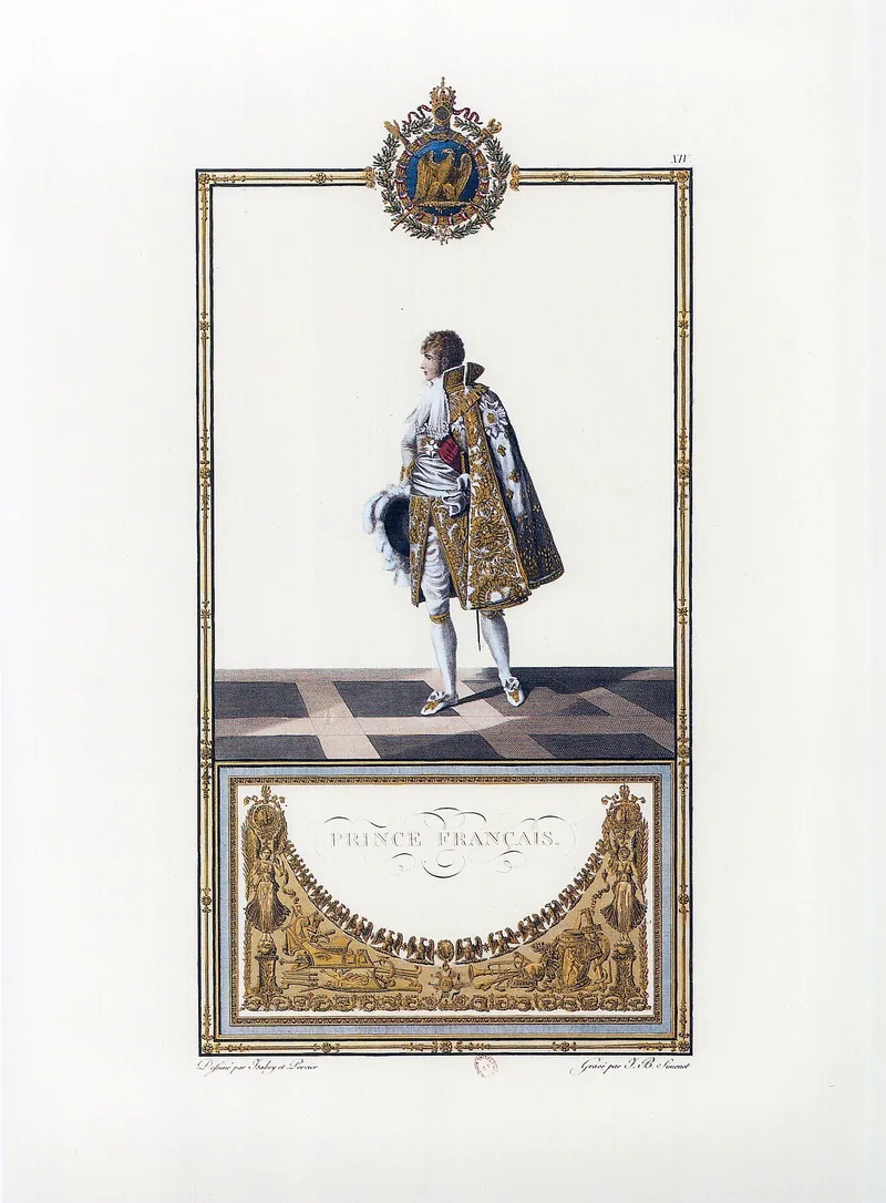Gravure coloriée d'un homme debout en habit et long manteau de velours blanc brodés d'abeilles d'or, portant la plaque et le grand collier de la Légion d'honneur, un chapeau à plumes blanches à la main