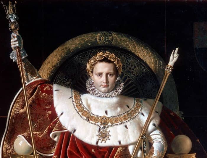 Zepter und Hand der Gerechtigkeit — Napoleon I. auf dem Thron mit dem Zepter Karls des Großen und der Hand der Gerechtigkeit, Regalien der Krönung von 1804, Gemälde von Ingres, Erstes Kaiserreich