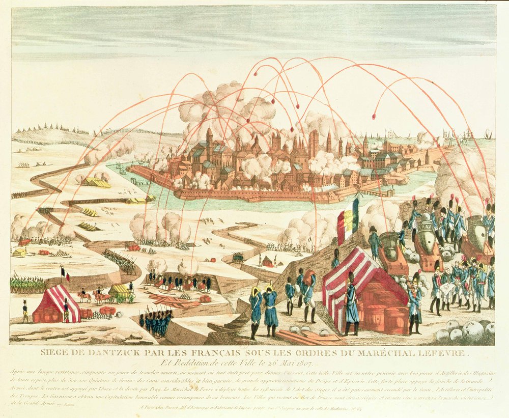Siege of Danzig, 1807 — print: bombardment, French batteries, mortar trajectories, city in smoke; Marshal Lefebvre, Fourth Coalition