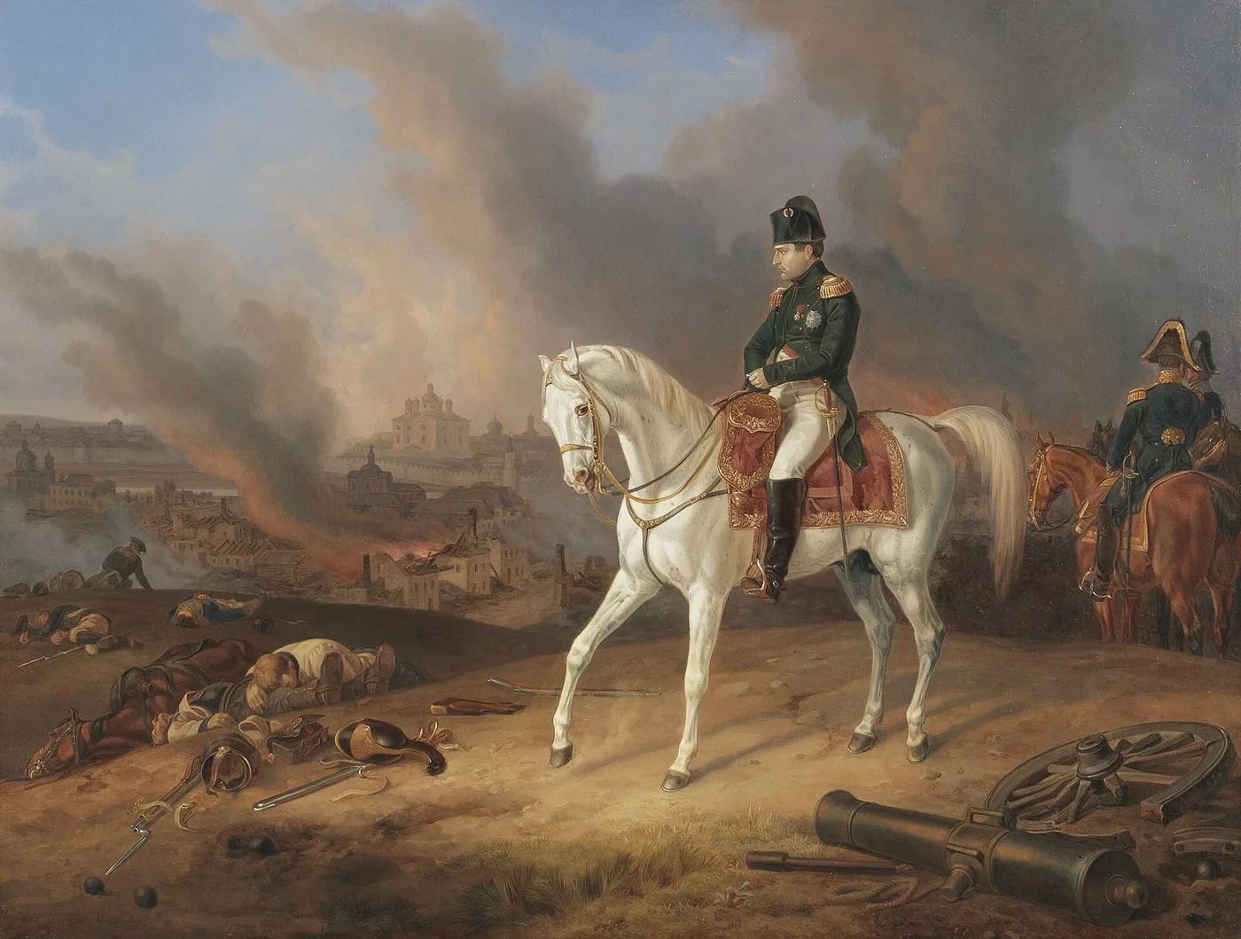 Smolensk in Flammen, August 1812 — Gemälde von Albrecht Adam: Napoleon und sein Stab vor der brennenden Stadt, Russlandfeldzug; Schauplatz der Affäre von Walutina Gora