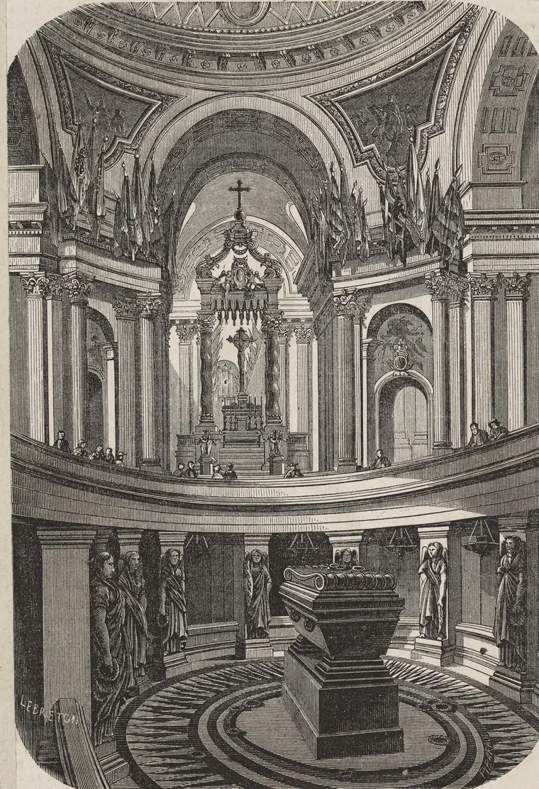 Gravure montrant l'intérieur d'un dôme : une crypte circulaire ouverte au centre, entourée de statues, avec un grand sarcophage sur un socle