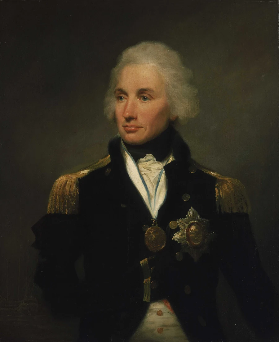 Portrait of a naval officer with powdered hair, in a blue uniform with gold epaulettes, decorations on his chest