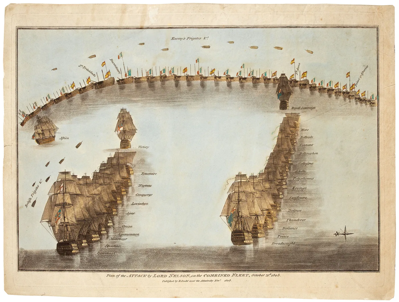 Colour print: two columns of British ships advance at right angles towards a long enemy line curved into a crescent