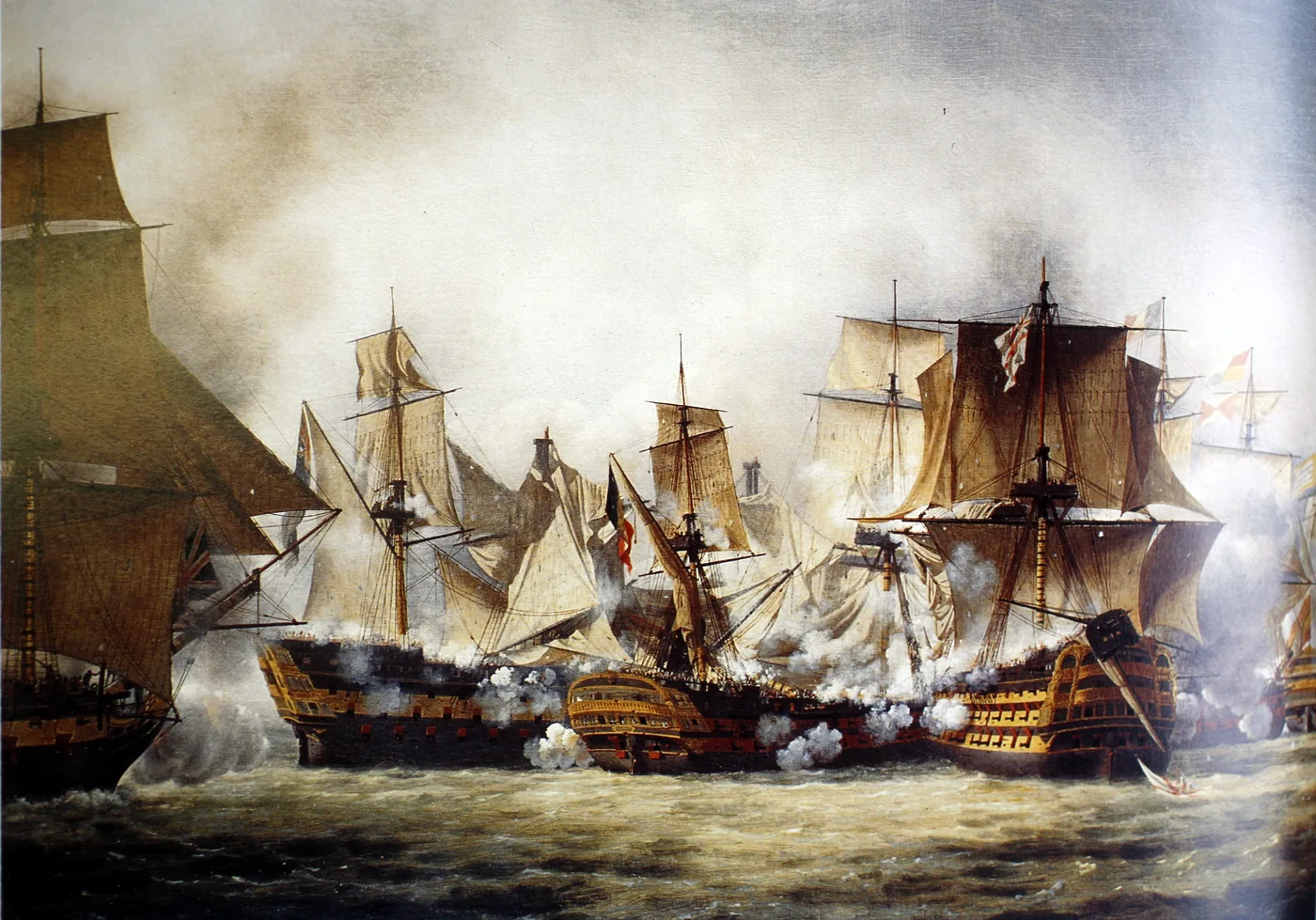 Naval combat: a French ship with torn sails, caught between two British ships firing into her through the smoke