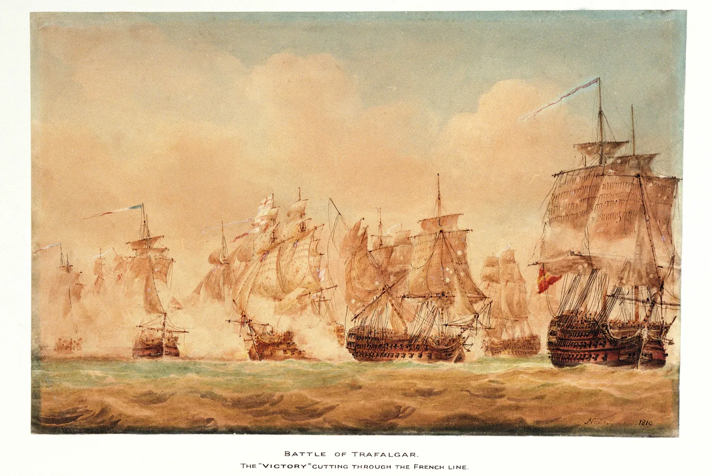 Warm-toned watercolour: a line of great sailing warships in the smoke, one of them passing through the enemy line