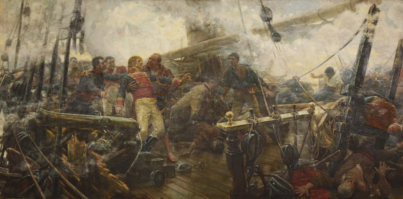 On the deck of a devastated ship, seamen surround a mortally wounded officer amid smoke and wreckage of the rigging
