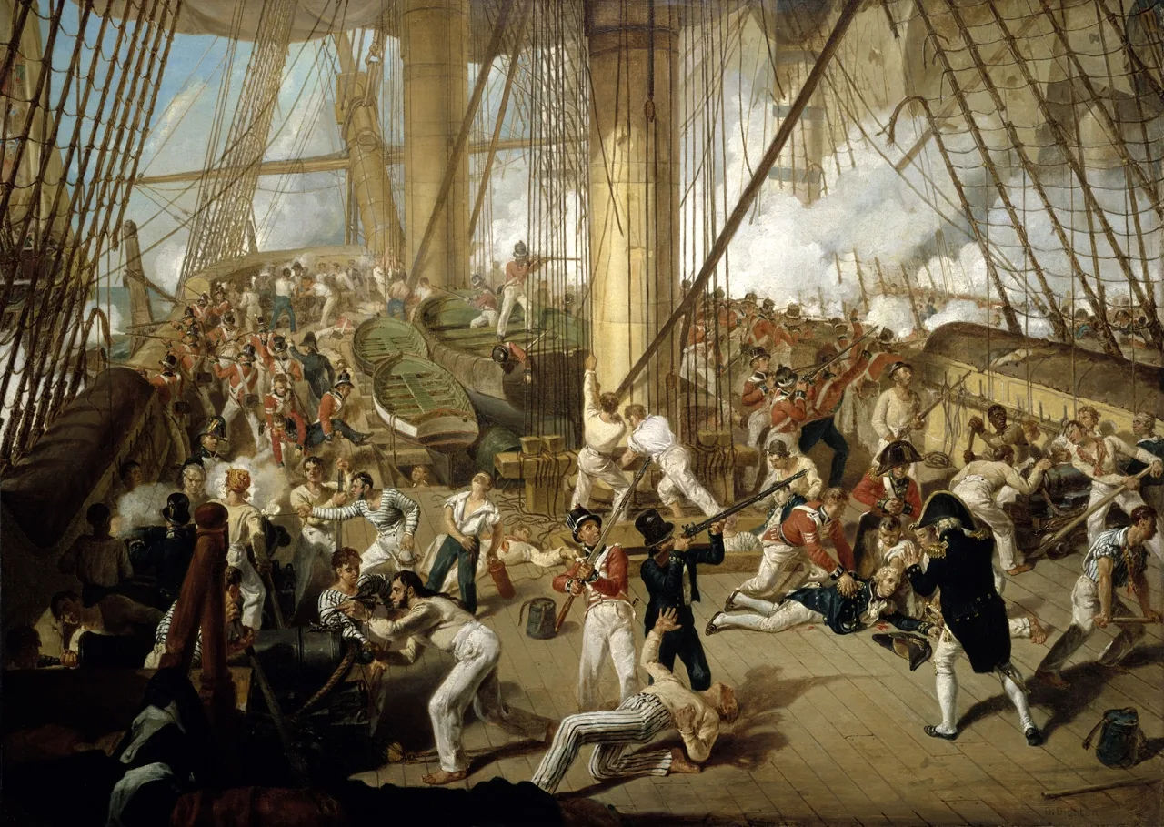 On a ship's crowded deck, among seamen and soldiers, an officer collapses, held up by men, while the fighting continues in the rigging