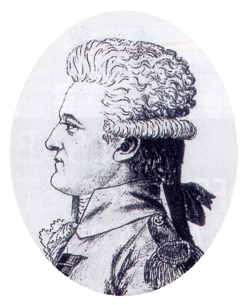 Engraved portrait in an oval medallion: profile of an officer in a powdered wig and a high-collared coat