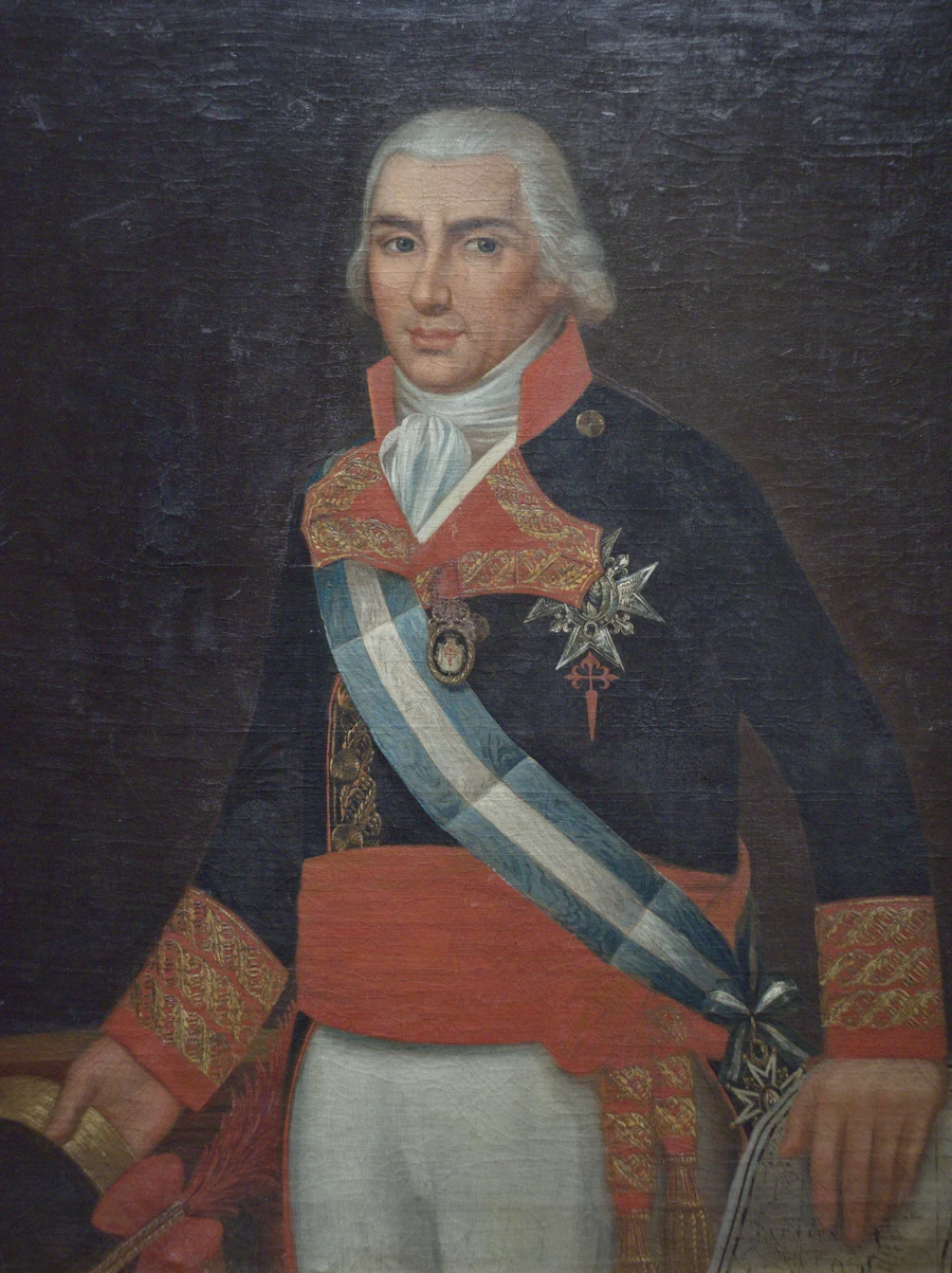 Portrait of a naval officer in a blue coat with red facings and gold embroidery, wearing the blue and white sash of an order