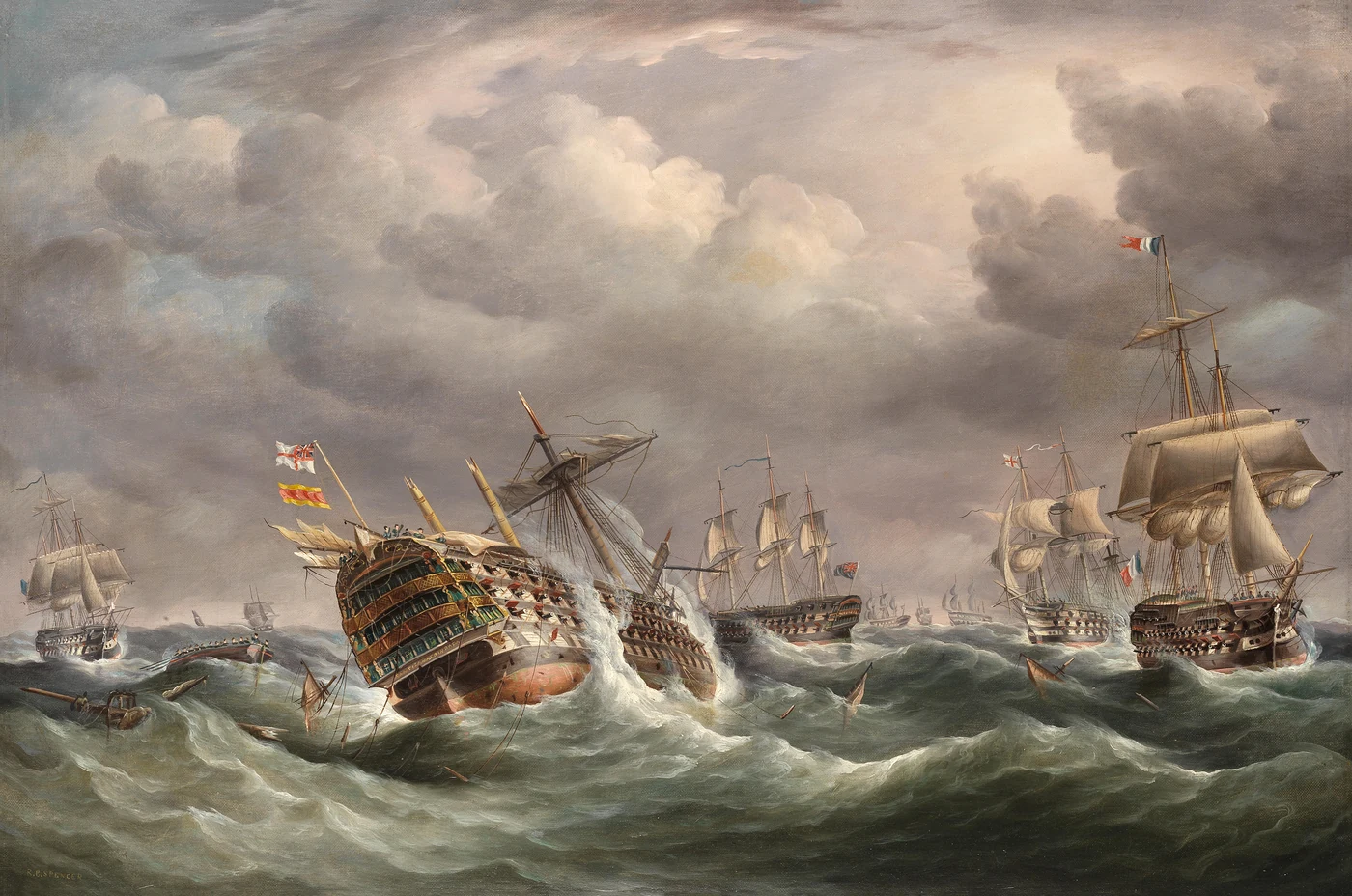 A huge dismasted Spanish ship rolls in a rough sea, surrounded by other ships under a heavy sky