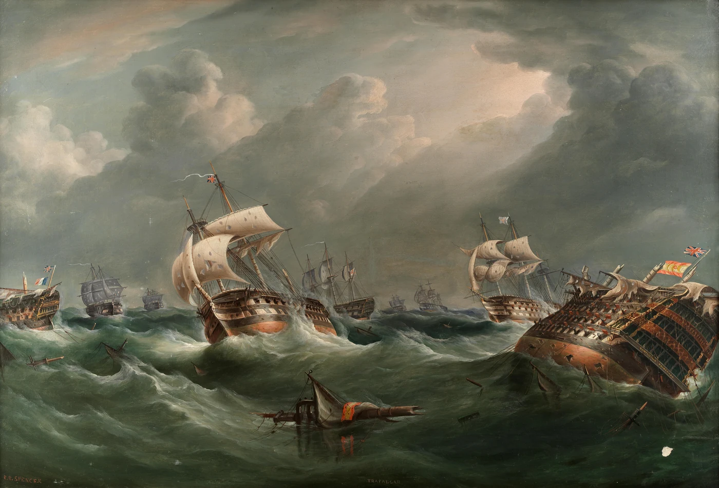 Crippled ships, some dismasted, struggling against a raging sea under a stormy sky