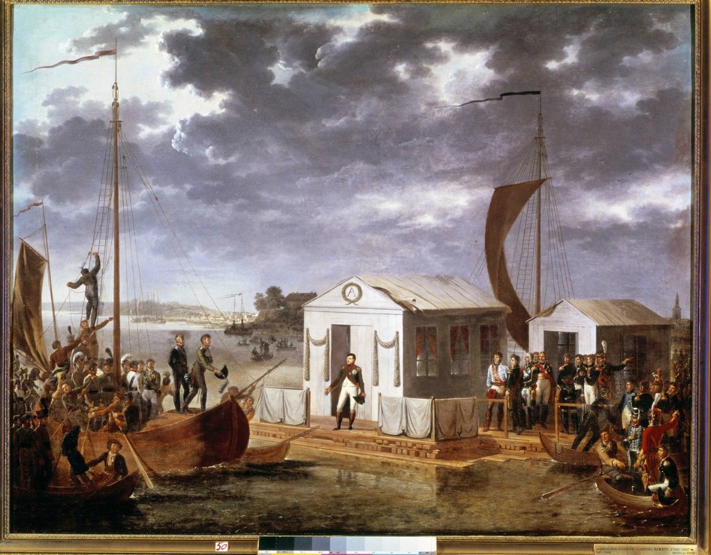Tilsit, July 1807 — Adolphe Roehn: meeting of Napoleon I and Alexander I on a raft in the middle of the Niemen, white pavilions and escorts