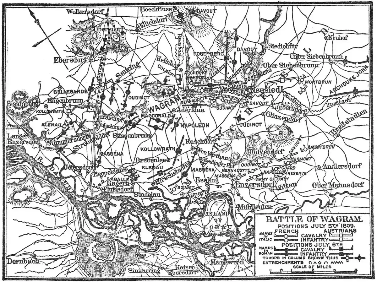 Carte en noir et blanc de la bataille de Wagram avec le Danube, la Lobau, les villages du Marchfeld et les positions des corps français et autrichiens
