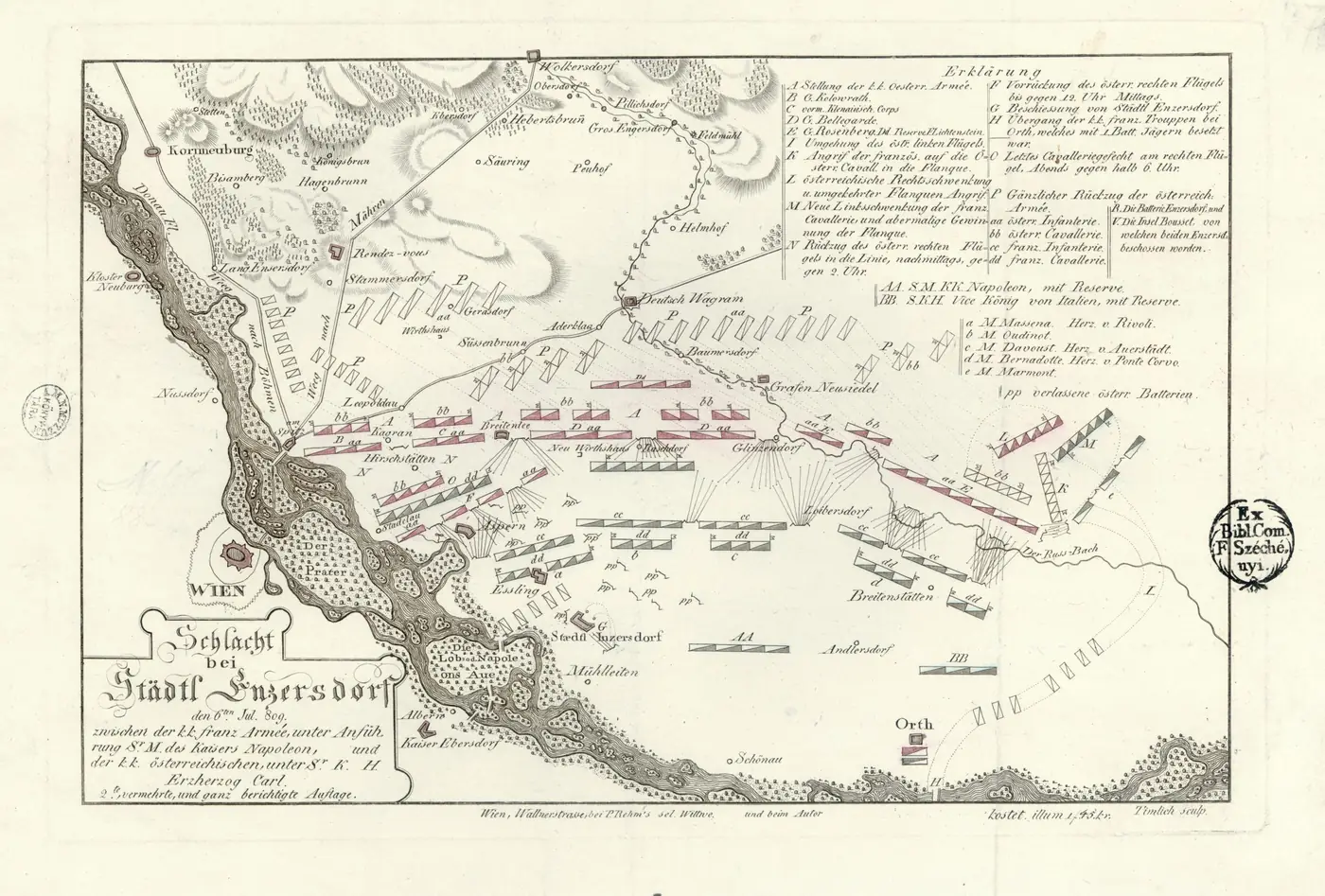Carte gravée autrichienne de 1809 montrant le Danube, l'île de Lobau, la plaine du Marchfeld et les lignes des deux armées