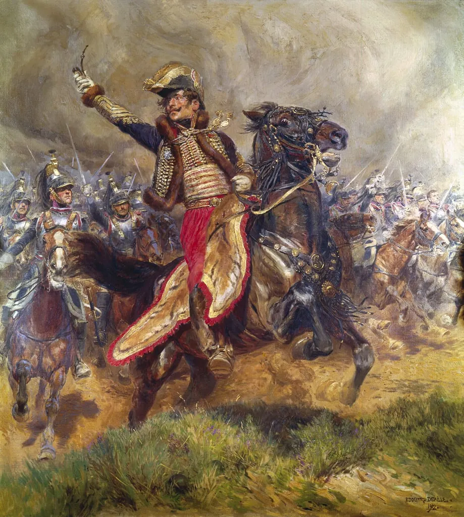 Le général Lasalle, en dolman de hussard, galope sabre au clair en tête de ses cavaliers