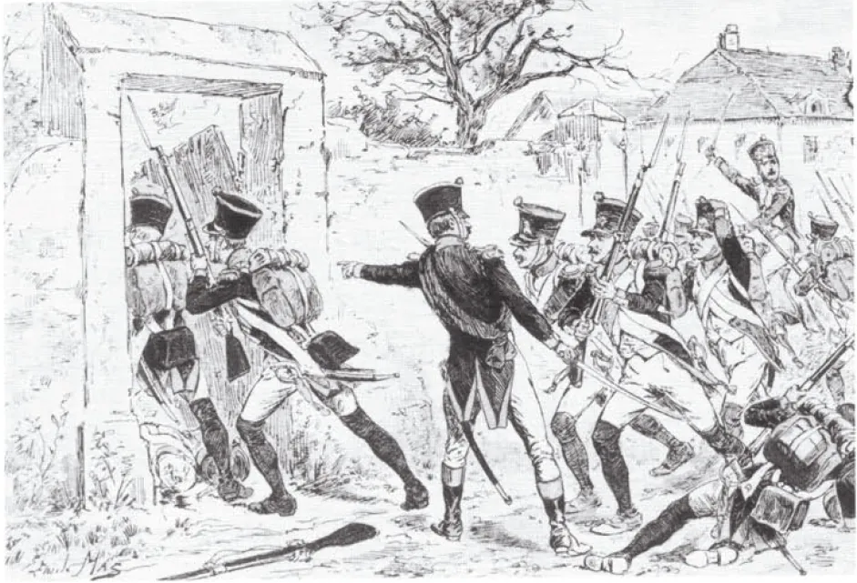 Gravure : des fantassins français à baïonnette forcent l'entrée d'une cour de ferme défendue par des soldats autrichiens