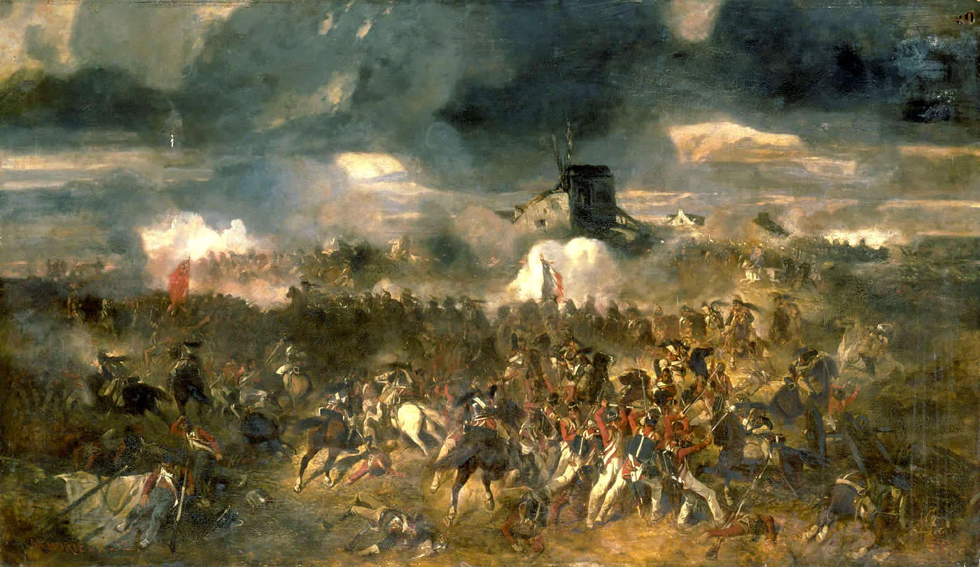 Mêlée de fantassins et de cavaliers français et britanniques dans la fumée à la fin de la bataille de Waterloo