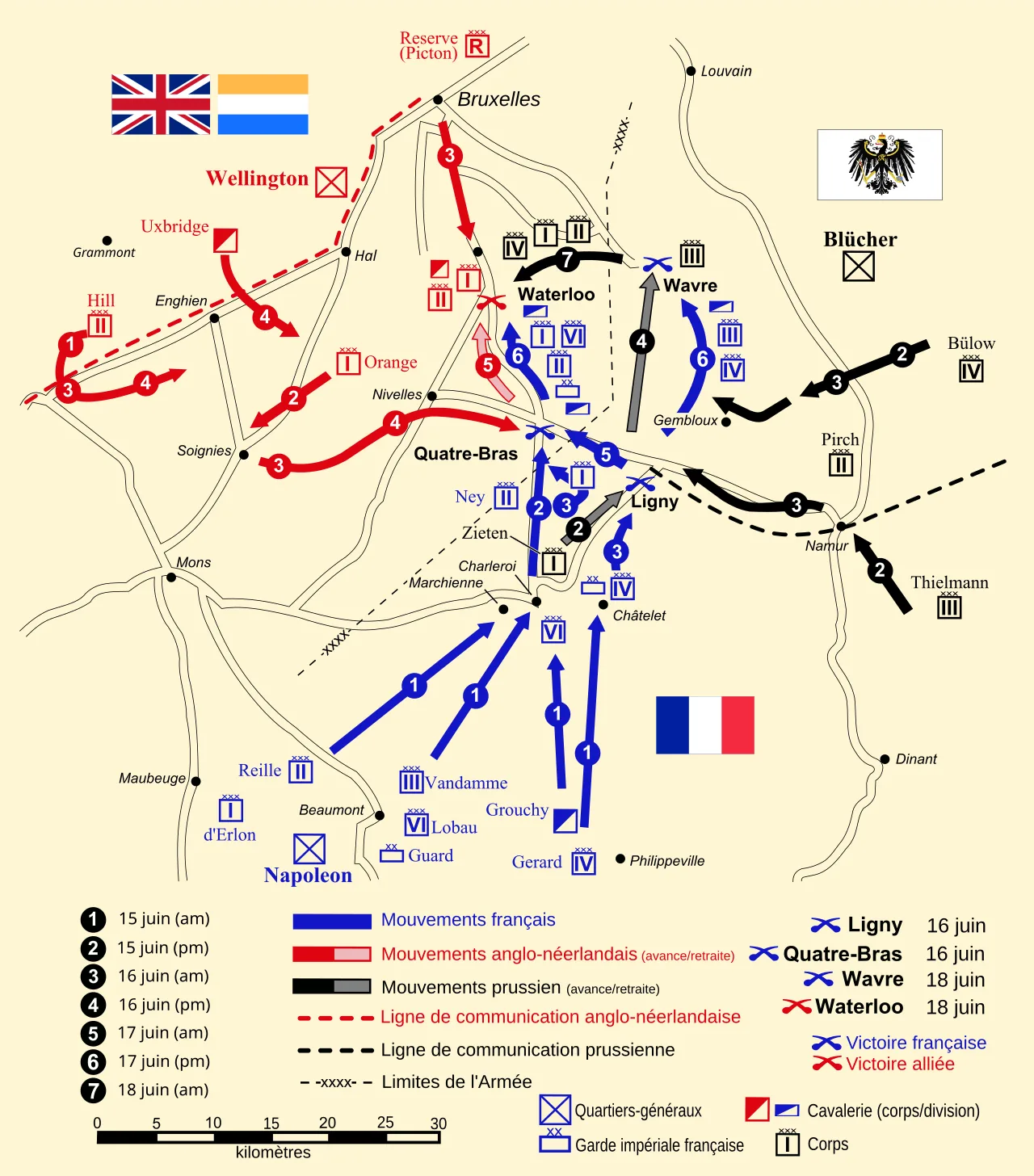 Carte de la campagne de Belgique en juin 1815 : Charleroi, Ligny, Quatre-Bras, Wavre et Waterloo, avec les mouvements des armées française, britannique et prussienne