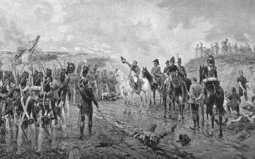 Napoléon à cheval s'adresse aux grenadiers de la Garde impériale en bonnet à poil, rangés avant l'assaut final